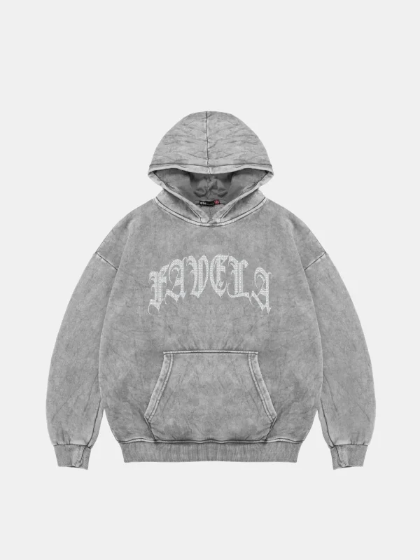 Favela Taş Baskılı Oversize Unisex Yıkamalı Beyaz Hoodie