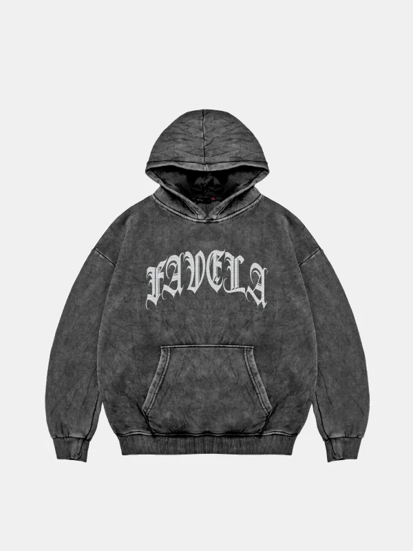 Favela Taş Baskılı Oversize Unisex Yıkamalı Siyah Hoodie