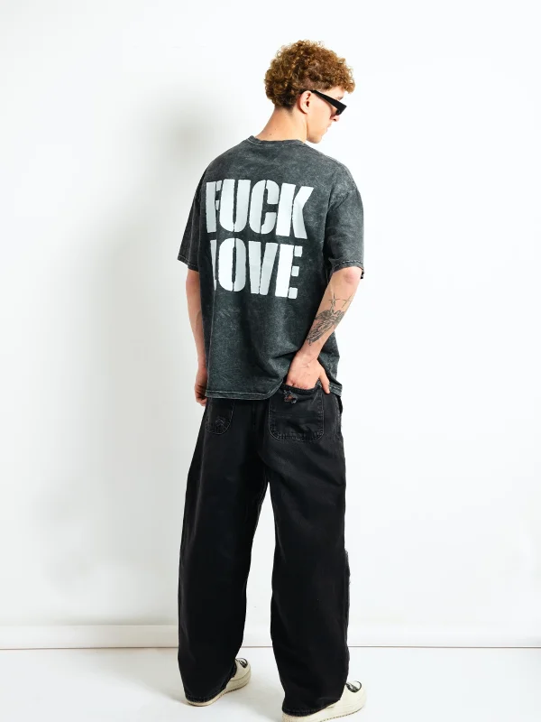 F*ck Love Baskılı Oversize Unisex Yıkamalı Siyah Tshirt
