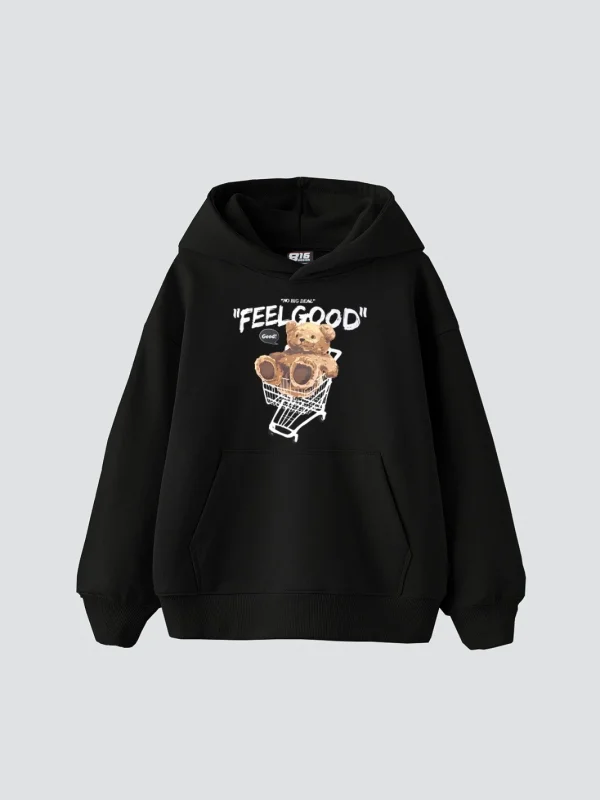 Feel Good Baskılı Oversize Unisex Siyah Hoodie