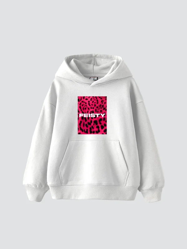 Feisty Baskılı Oversize Unisex Beyaz Hoodie