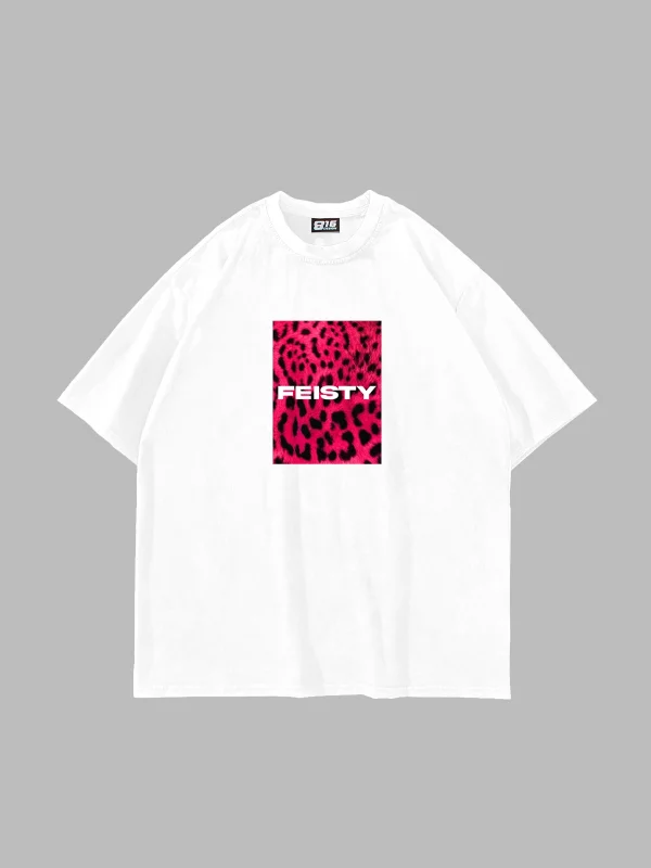 Feisty Baskılı Oversize Unisex Beyaz Tshirt