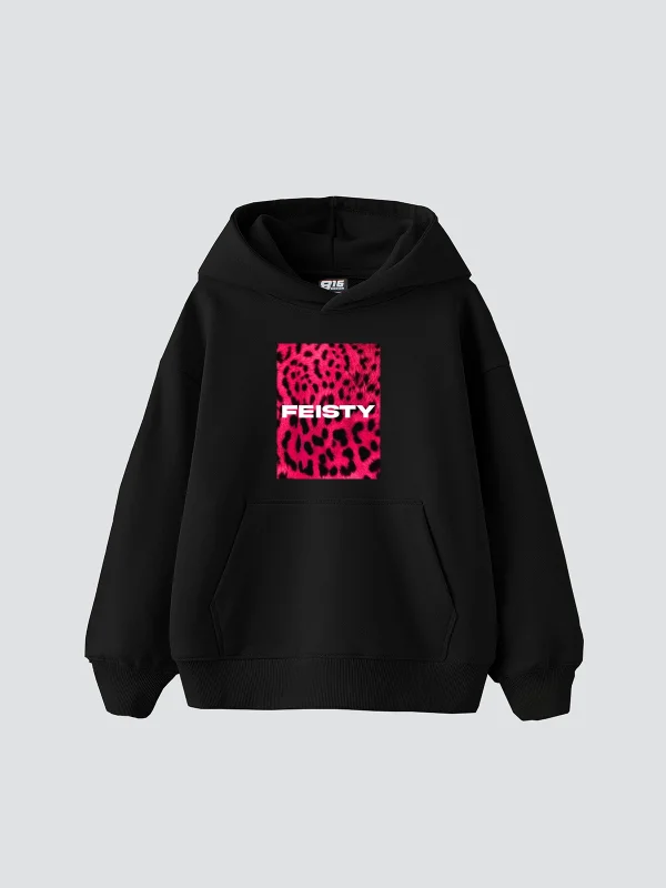 Feisty Baskılı Oversize Unisex Siyah Hoodie