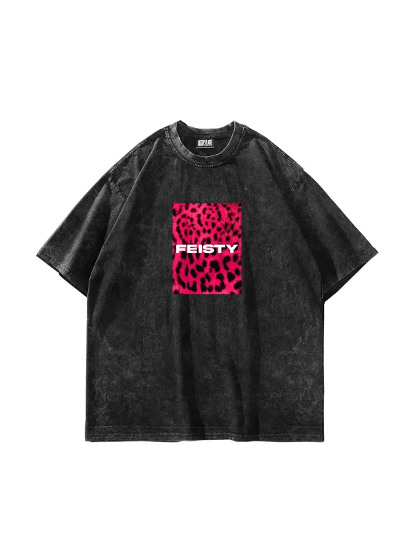 Feisty Baskılı Oversize Unisex Yıkamalı Siyah Tshirt