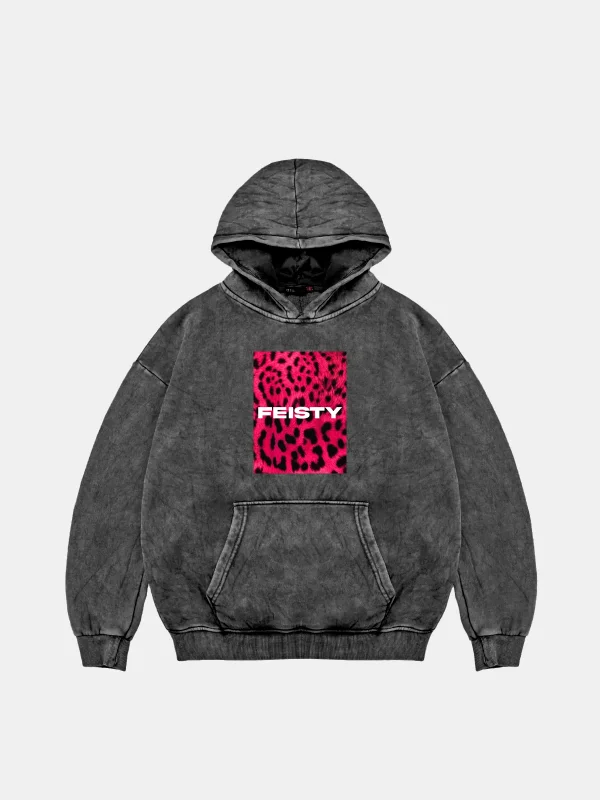 Feisty Oversize Unisex Yıkamalı Siyah Hoodie