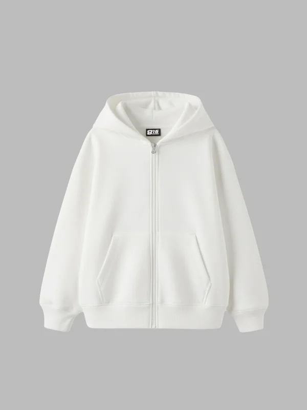 Fermuarlı Basic Zip Kapüşonlu Unisex Beyaz Sweatshirt