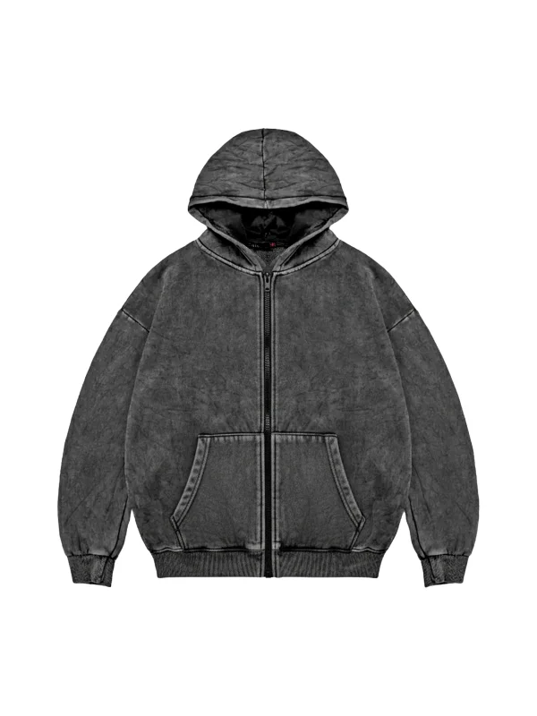 Fermuarlı Basic Zip Kapüşonlu Unisex Yıkamalı Siyah Sweatshirt