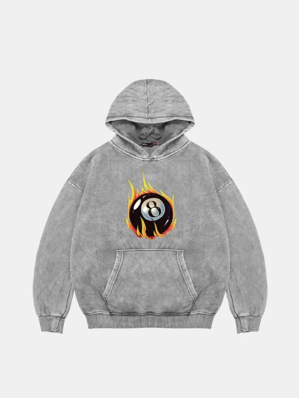 Fire Billiard Baskılı Oversize Unisex Premium Yıkamalı Beyaz Hoodie