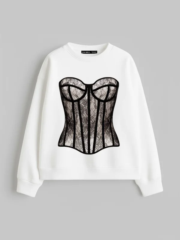 Fit Corset Baskılı Kapüşonsuz Relaxed Fit Kadın Beyaz Sweatshirt