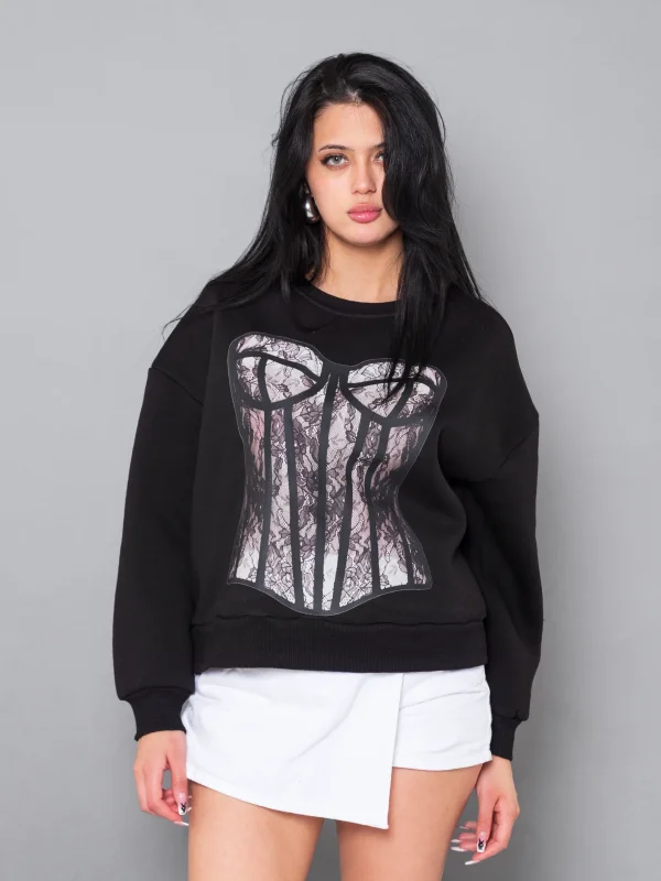 Fit Corset Baskılı Kapüşonsuz Relaxed Fit Kadın Siyah Sweatshirt