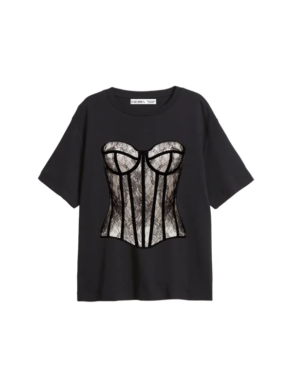 Fit Corset Baskılı Relaxed Fit Siyah Kadın Tshirt