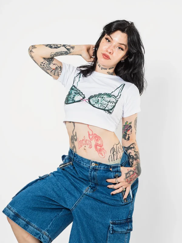 Fiyonk Bikini Baskılı Beyaz Crop Top