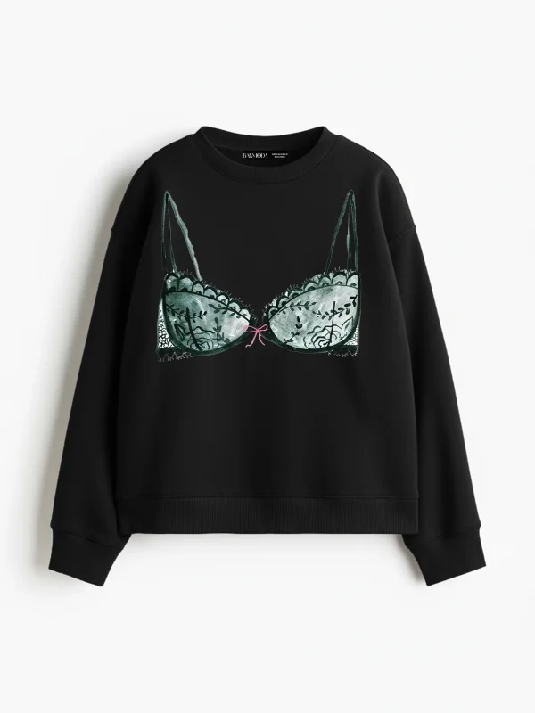 Fiyonk Bikini Baskılı Kapüşonsuz Relaxed Fit Kadın Siyah Sweatshirt