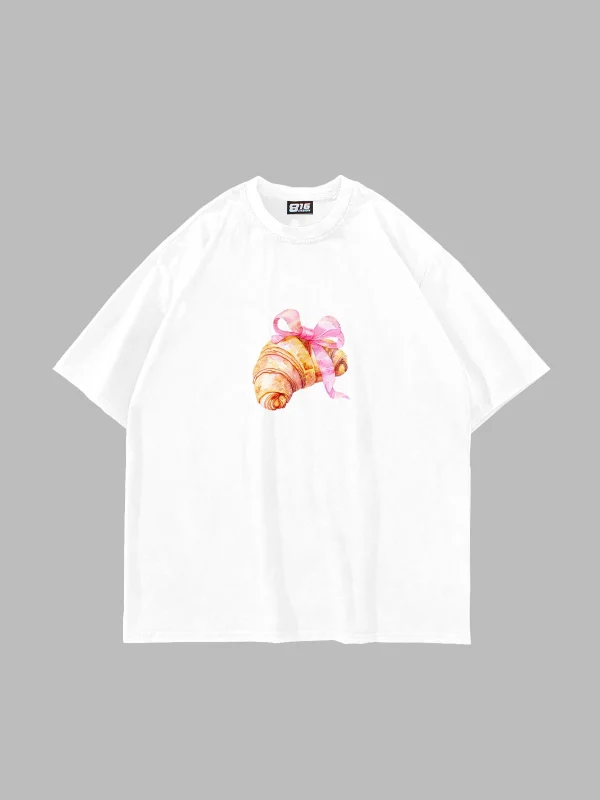 Fiyonk Kruvasan Baskılı Oversize Unisex Beyaz Tshirt