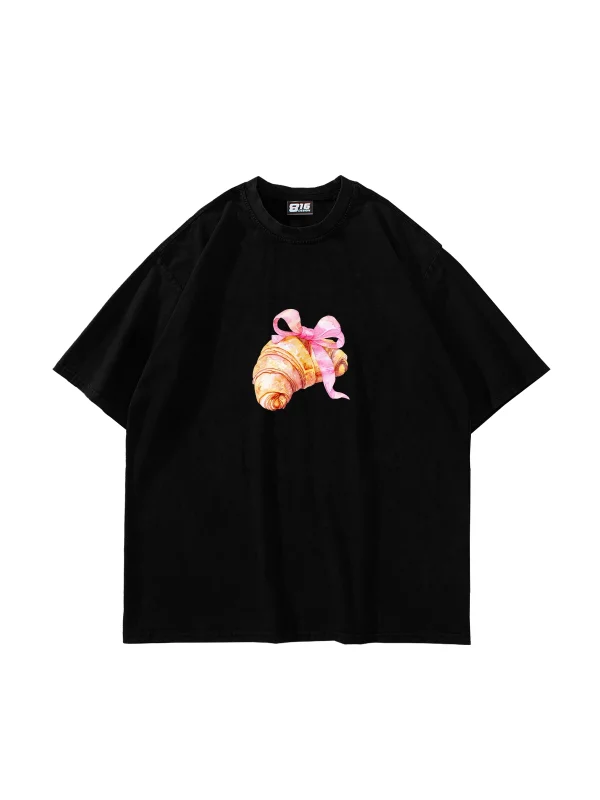 Fiyonk Kruvasan Baskılı Oversize Unisex Siyah Tshirt