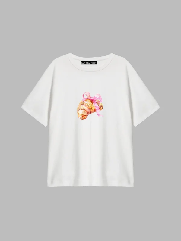 Fiyonk Kruvasan Baskılı Relaxed Fit Beyaz Kadın Tshirt