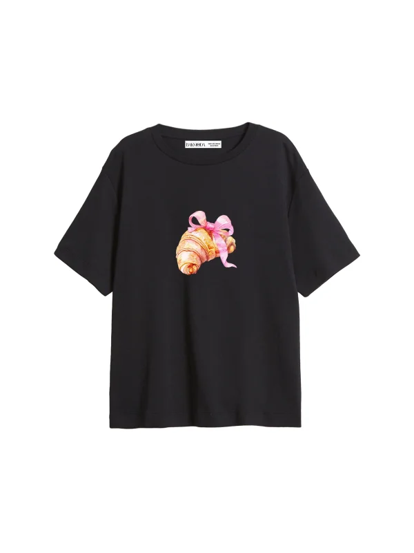 Fiyonk Kruvasan Baskılı Relaxed Fit Siyah Kadın Tshirt