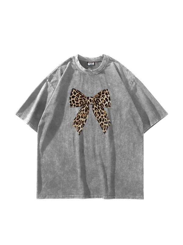 Fiyonk Leopar Baskılı 24/1 Oversize Unisex Yıkamalı Beyaz Tshirt
