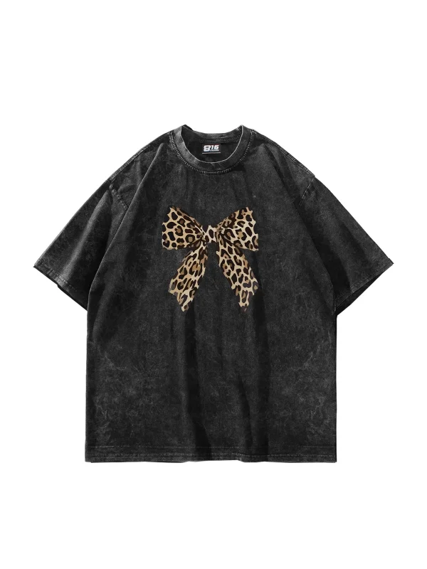 Fiyonk Leopar Baskılı 24/1 Oversize Unisex Yıkamalı Siyah Tshirt