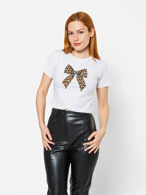 Fiyonk Leopar Baskılı Beyaz Crop Top