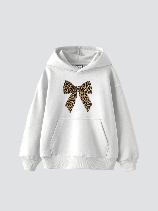 Fiyonk Leopar Baskılı Oversize Unisex Premium Beyaz Hoodie