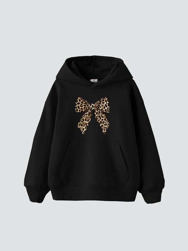 Fiyonk Leopar Baskılı Oversize Unisex Premium Siyah Hoodie