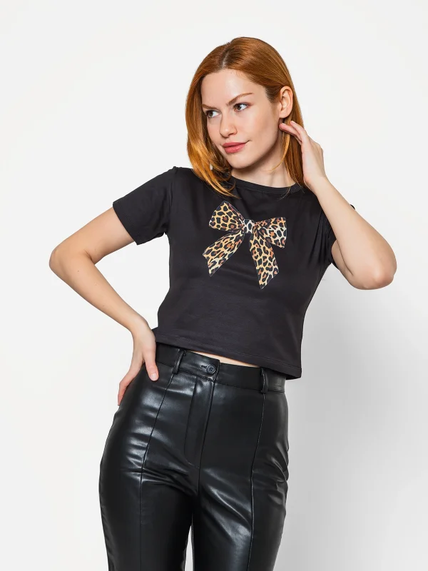 Fiyonk Leopar Baskılı Siyah Crop Top
