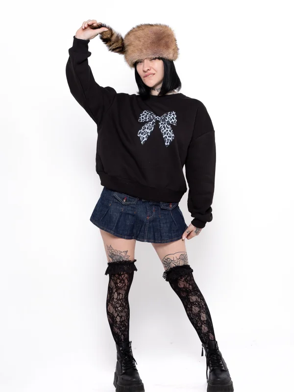 Fiyonk Leopar V2 Baskılı Kapüşonsuz Relaxed Fit Kadın Siyah Sweatshirt