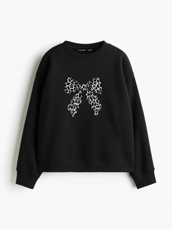Fiyonk Leopar V2 Baskılı Kapüşonsuz Relaxed Fit Kadın Siyah Sweatshirt