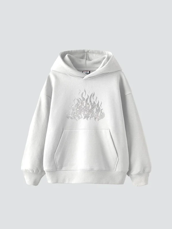 Flame Taş Baskılı Oversize Unisex Beyaz Hoodie