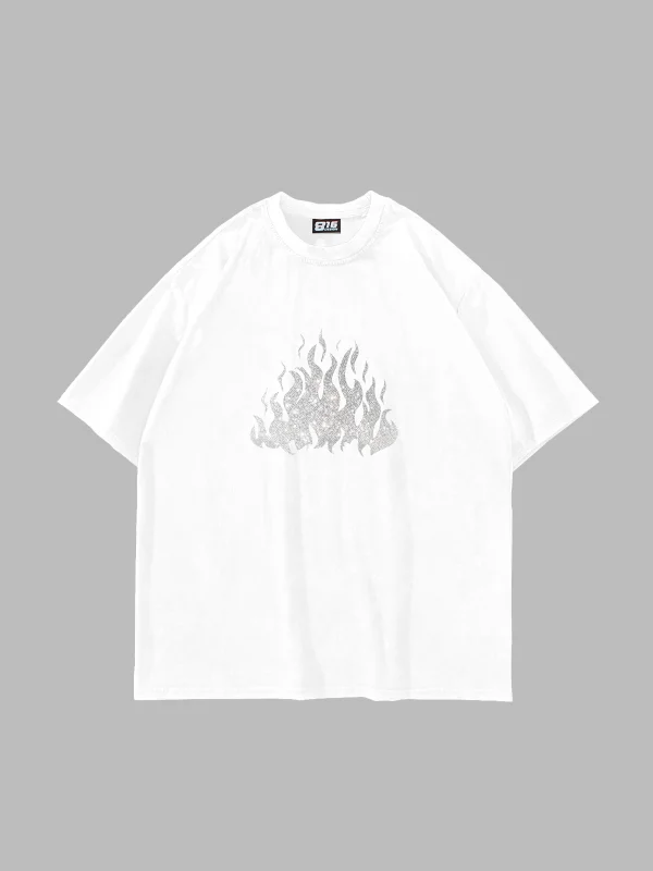 Flame Taş Baskılı Oversize Unisex Beyaz Tshirt
