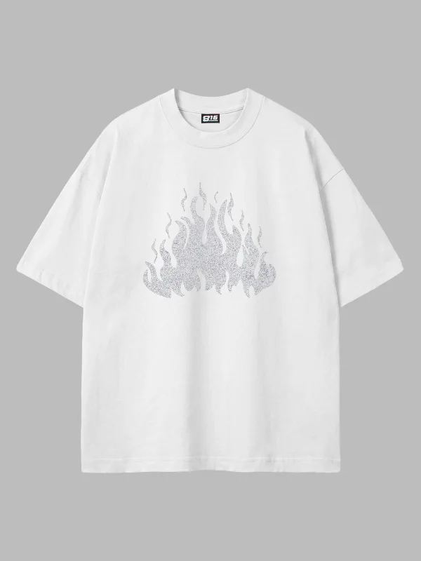Flame Taş Baskılı Oversize Unisex Beyaz Tshirt
