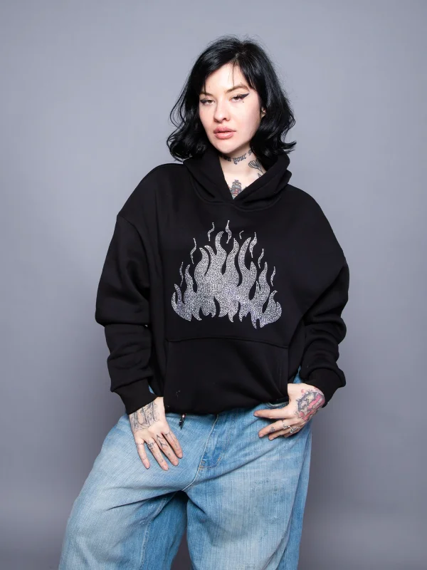 Flame Taş Baskılı Oversize Unisex Siyah Hoodie