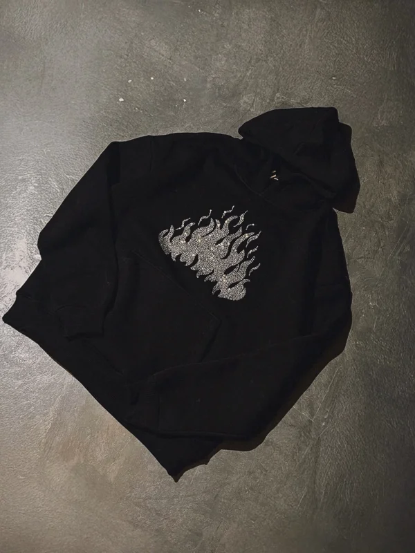 Flame Taş Baskılı Oversize Unisex Siyah Hoodie