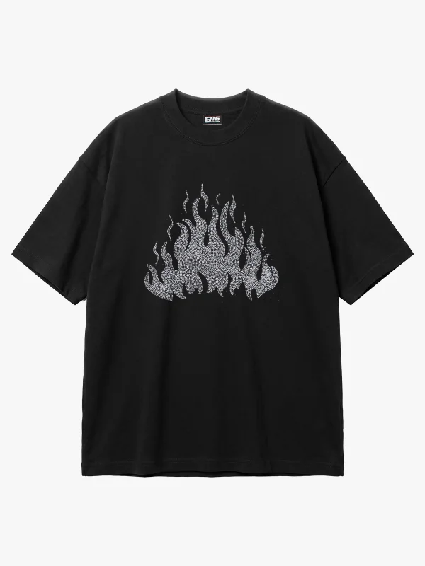 Flame Taş Baskılı Oversize Unisex Siyah Tshirt