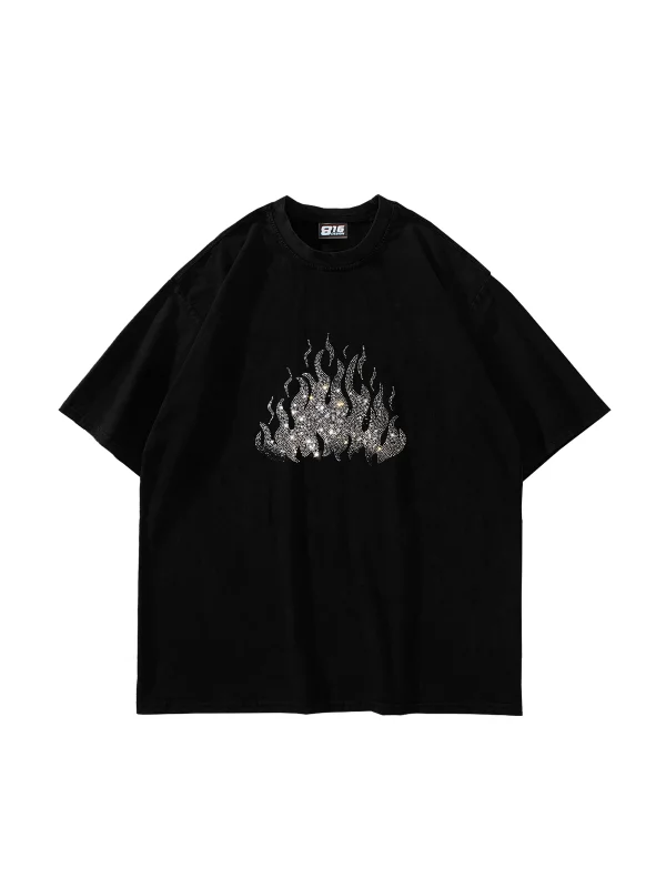 Flame Taş Baskılı Oversize Unisex Siyah Tshirt