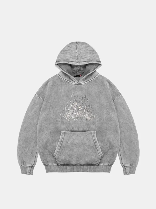 Flame Taş Baskılı Oversize Unisex Yıkamalı Beyaz Hoodie