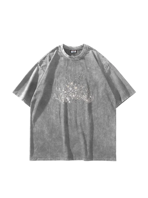 Flame Taş Baskılı Oversize Unisex Yıkamalı Beyaz Tshirt