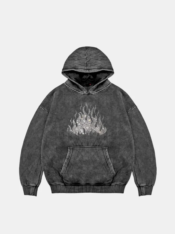 Flame Taş Baskılı Oversize Unisex Yıkamalı Siyah Hoodie