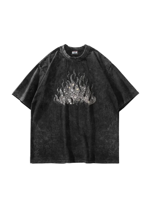 Flame Taş Baskılı Oversize Unisex Yıkamalı Siyah Tshirt