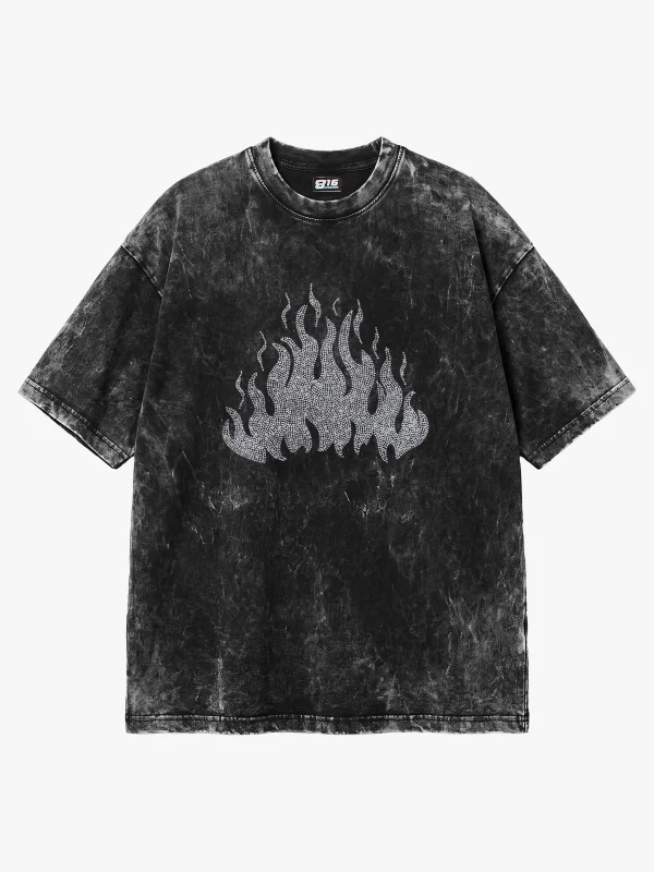 Flame Taş Baskılı Oversize Unisex Yıkamalı Siyah Tshirt