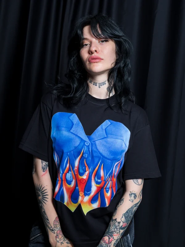 Flame Top Baskılı Relaxed Fit Siyah Kadın Tshirt