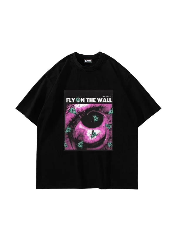 Fly On The Wall Baskılı Oversize Unisex Siyah Tshirt