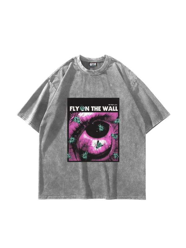 Fly On The Wall Baskılı Oversize Unisex Yıkamalı Beyaz Tshirt
