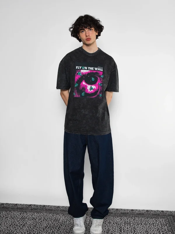 Fly On The Wall Baskılı Oversize Unisex Yıkamalı Siyah Tshirt