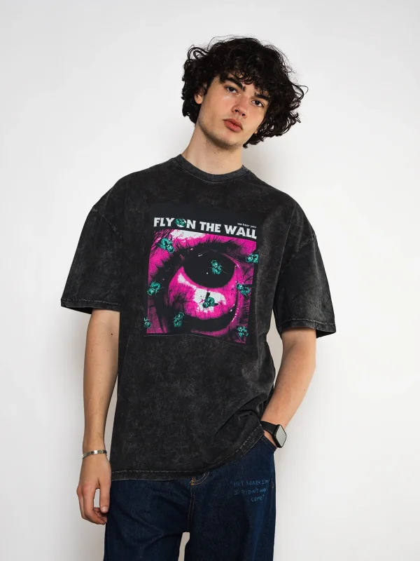 Fly On The Wall Baskılı Oversize Unisex Yıkamalı Siyah Tshirt