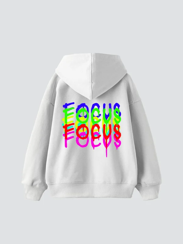 Focus Baskılı Oversize Unisex Beyaz Hoodie