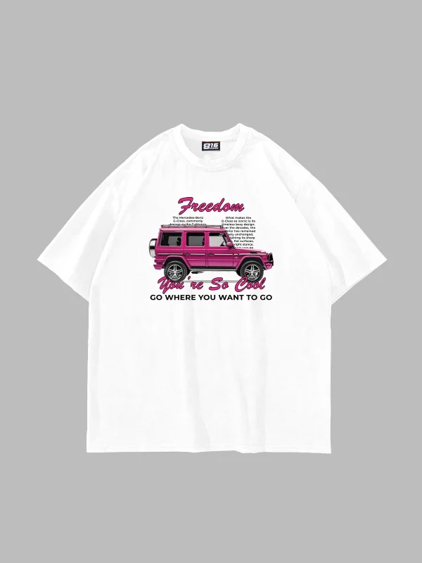 Freedom G Vagon Baskılı Oversize Unisex Beyaz Tshirt