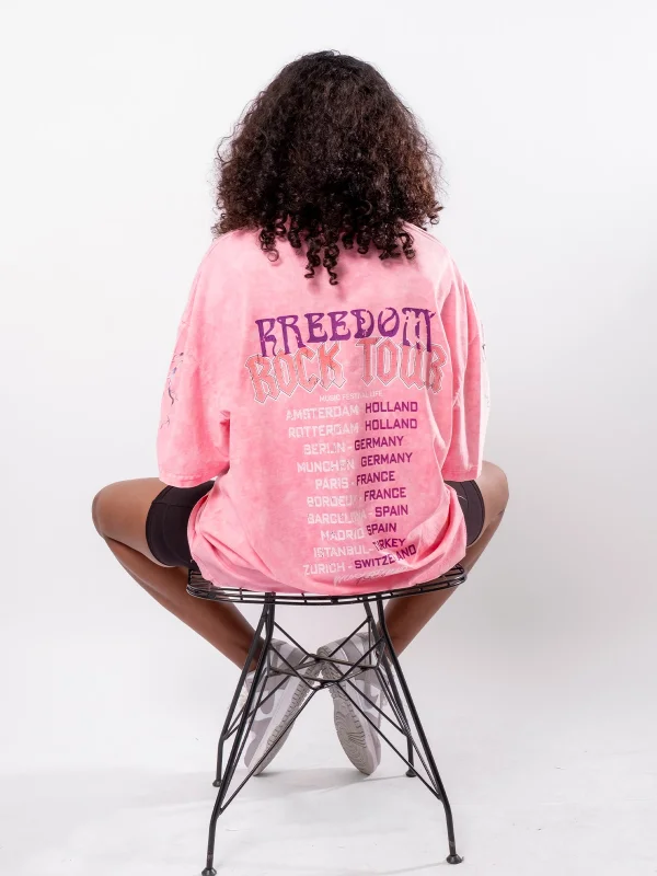 Freedom Rock Tour Baskılı Oversize Unisex Yıkamalı Pembe Tshirt