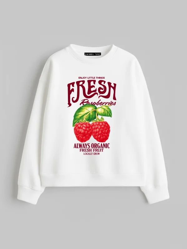 Fresh Raspberry Baskılı Kapüşonsuz Relaxed Fit Kadın Beyaz Sweatshirt